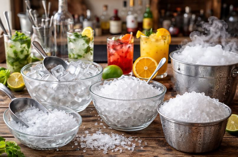Assortiment de glaçons cubes, glace pilée, paillette et glace carbonique présenté sur une table en bois