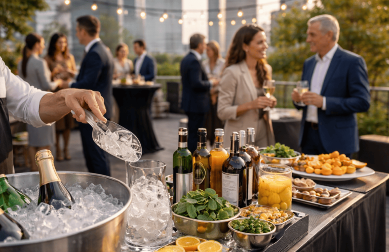 Cocktail d’entreprise sur rooftop avec bar éphémère, bacs de glaçons et invités en discussion