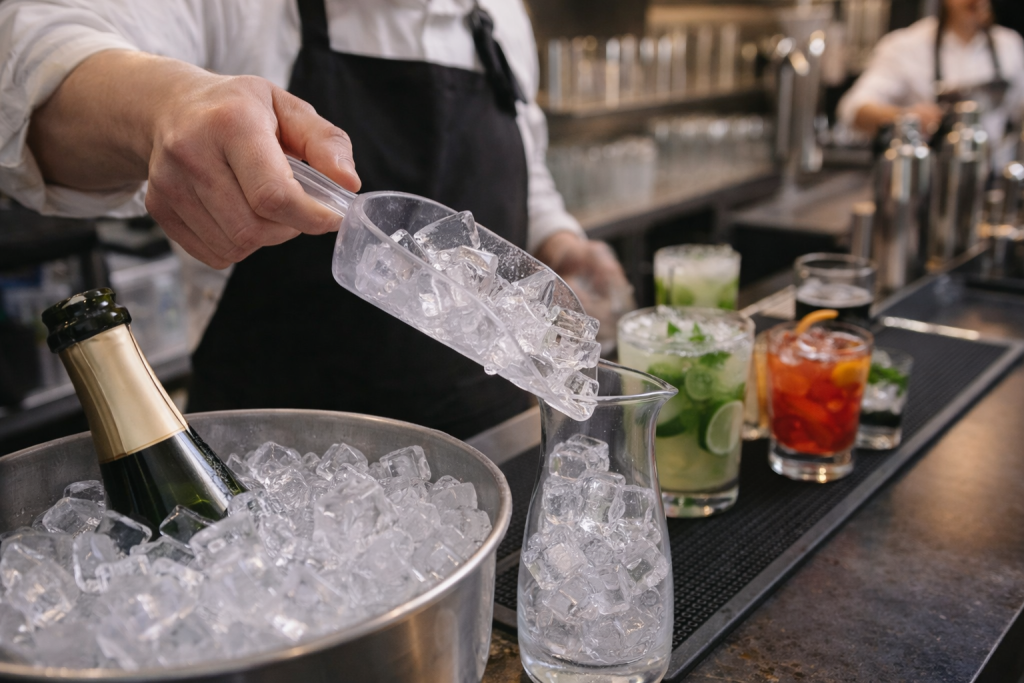 Barman versant des glaçons dans un pichet dans un bar professionnel, fournisseur de glace pour professionnels