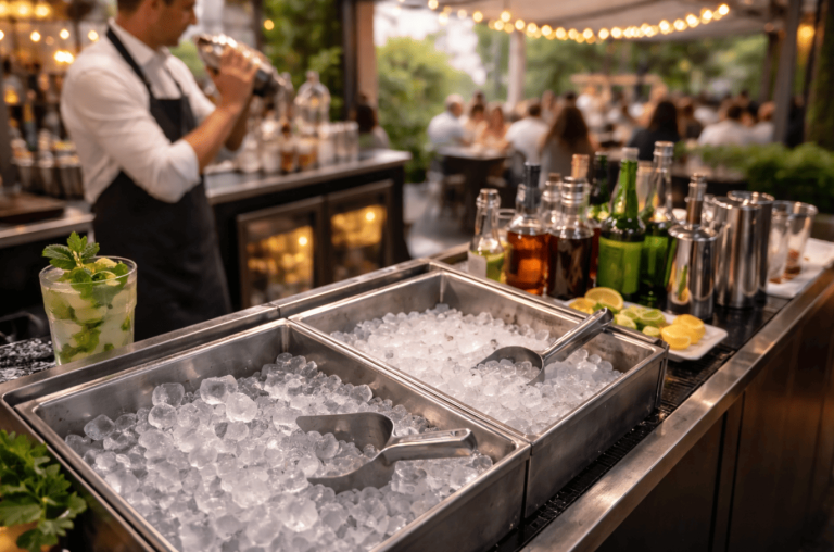 Poste bar de restaurant avec bacs de glaçons et glace pilée pendant un service en terrasse