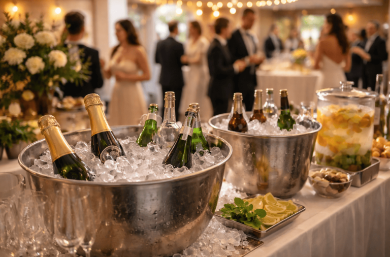 Buffet d’événement avec seaux remplis de glaçons et bouteilles pour mariage ou soirée d’entreprise