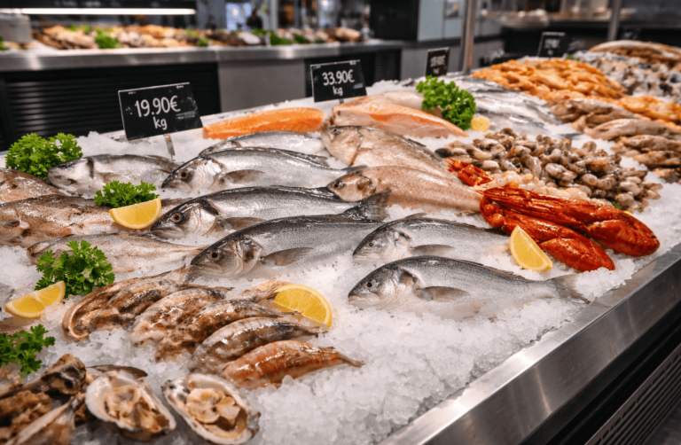 Étal de poissonnerie avec poissons et crustacés présentés sur un lit de glace professionnelle