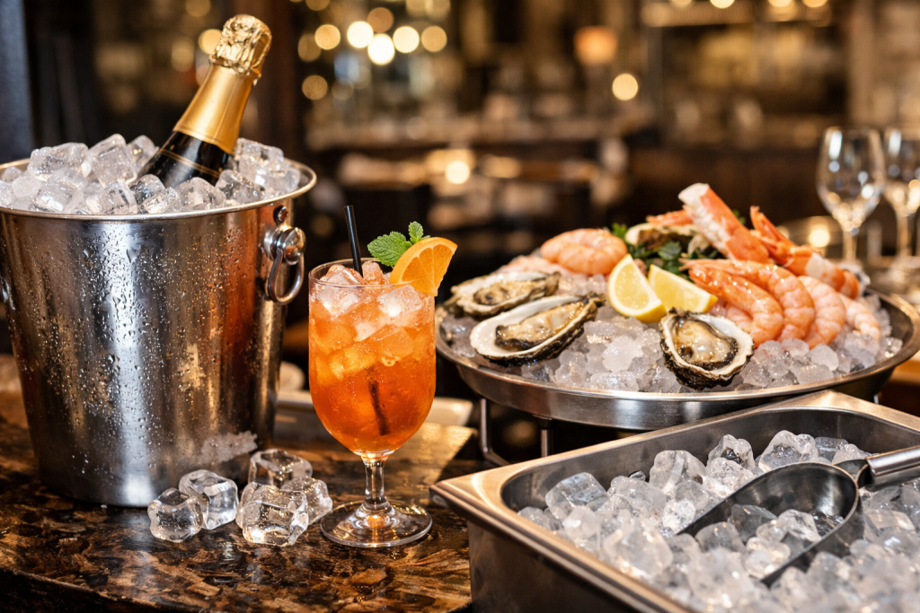 Service de restaurant avec seau à vin, cocktail et plateau sur glace avec glaçons prêts pour le service