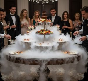 Carboglace pour traiteur permettant de créer des effets de fumée spectaculaires sur les buffets événementiels.