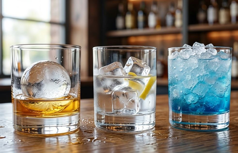 Comparatif de glaçons et glace pilée dans des verres pour illustrer la durée de fonte et la tenue du froid