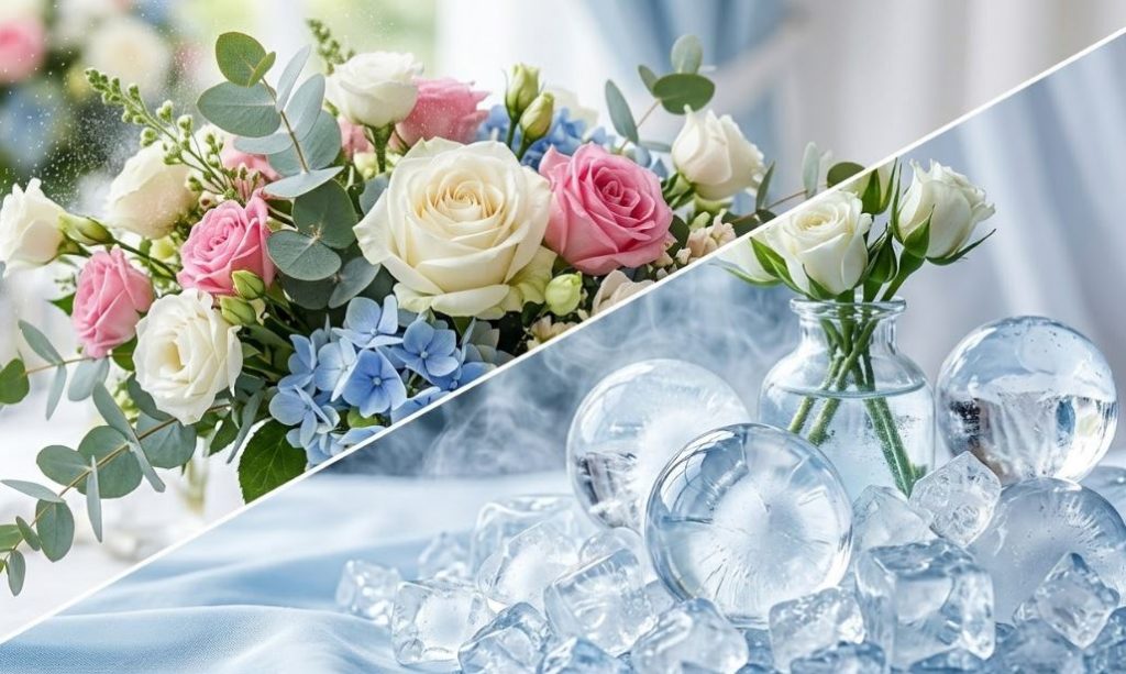 Bouquet de fleurs fraîches avec solution de froid et glaçons pour préserver les compositions florales