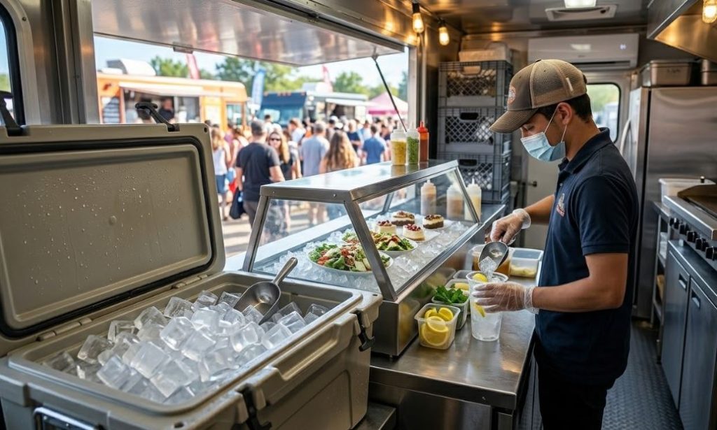 Food truck en service avec glacière de glaçons et zone de préparation réfrigérée pour boissons et produits frais