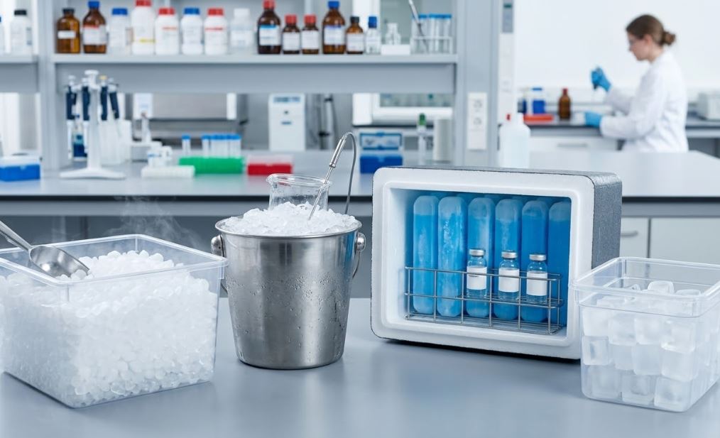 Solutions de glace pharmaceutique avec glace pilée, glaçons et conteneur isotherme en laboratoire