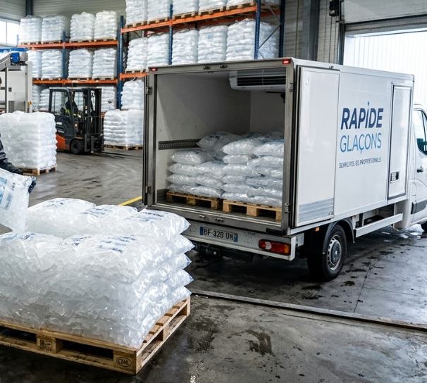 Camion de livraison Rapide Glaçons avec palettes de sacs de glaçons pour grossiste et livraison de grandes quantités en France