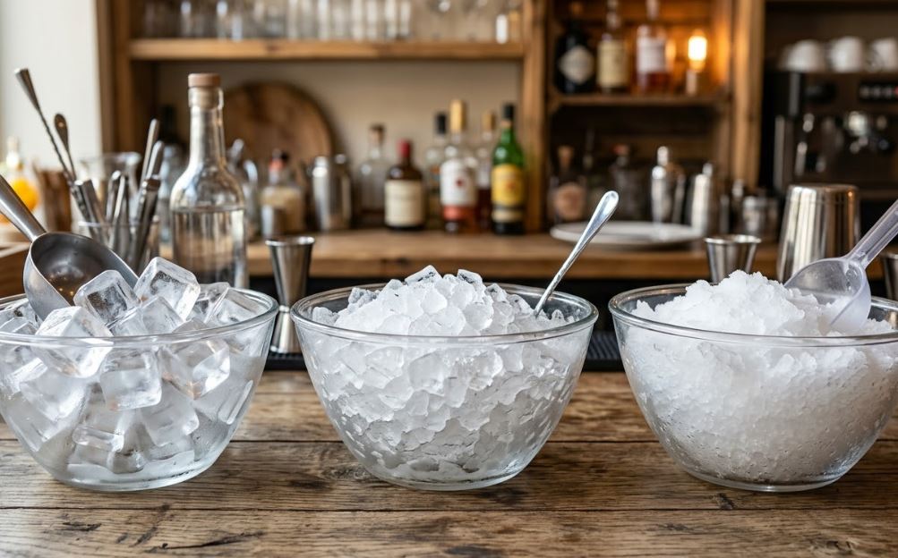 Comparatif entre glaçons cubes, glace pilée et glace paillette sur un comptoir