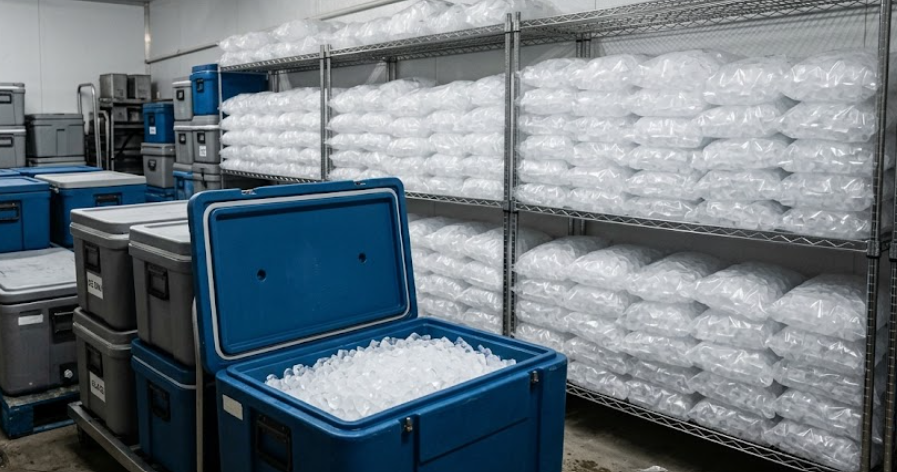 Organisation pour stocker de la glace en grande quantité dans des bacs adaptés avant un service professionnel