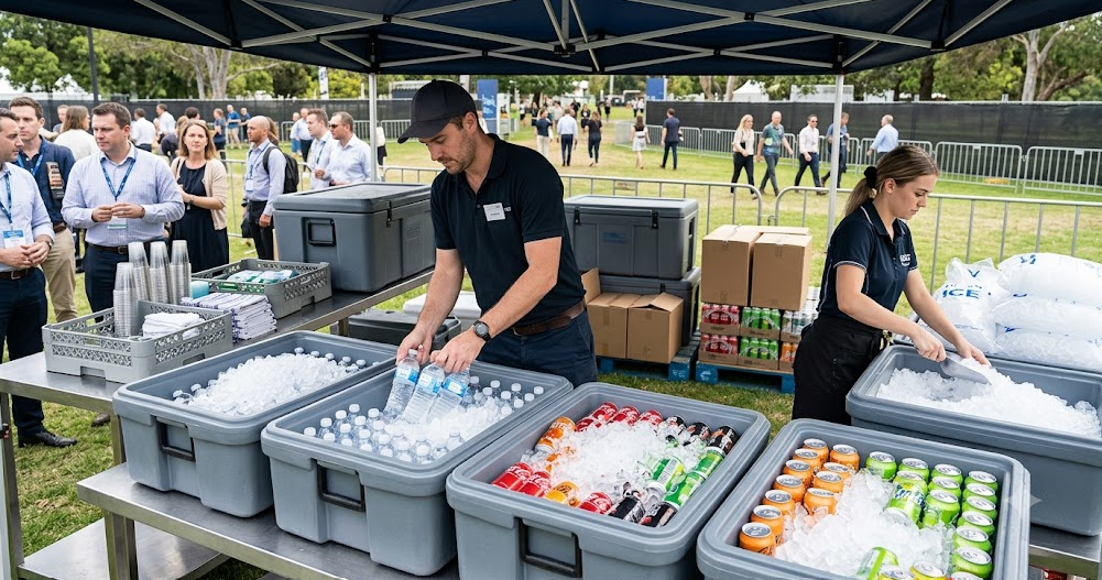 Bacs remplis de glaçons, bouteilles et canettes organisés par lots pour refroidir des boissons lors d’un événement.