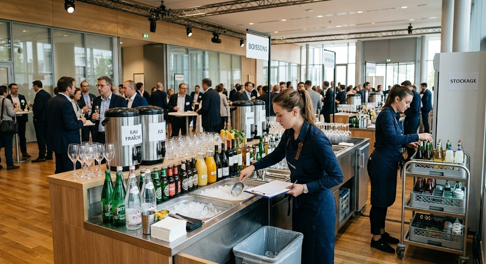 Organisation du service des boissons en événement avec glaçons, bouteilles fraîches et espace de réassort