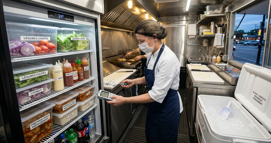 Gestion des stocks réfrigérés dans un food truck avec contrôle de température et rangement des produits frais.