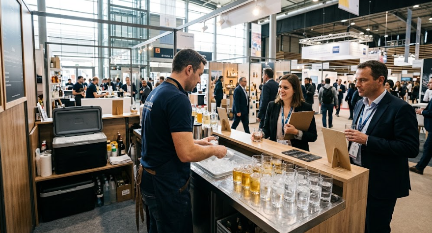 Glaçons pour stand salon professionnel avec réserve isotherme et comptoir de dégustation