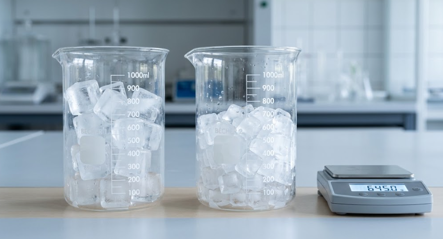 Kg de glaçons en litres avec deux volumes occupés différents pour un même poids