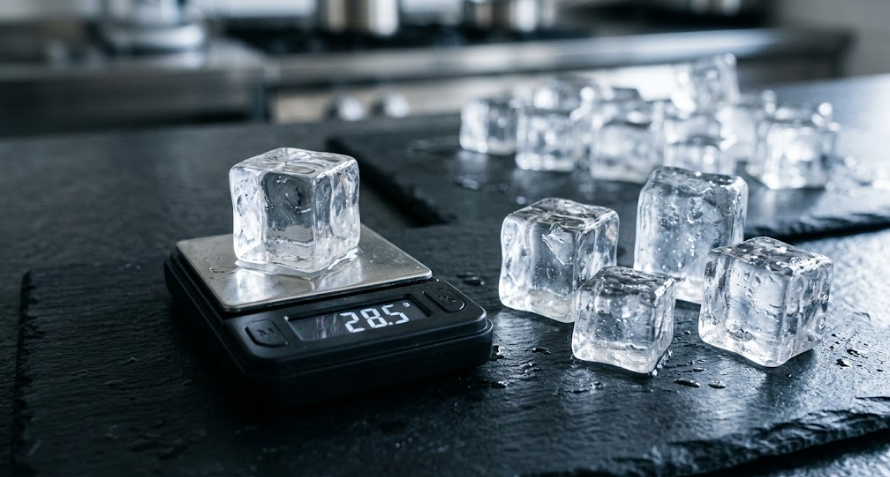 Poids d’un glaçon selon sa taille et son calibre sur une balance