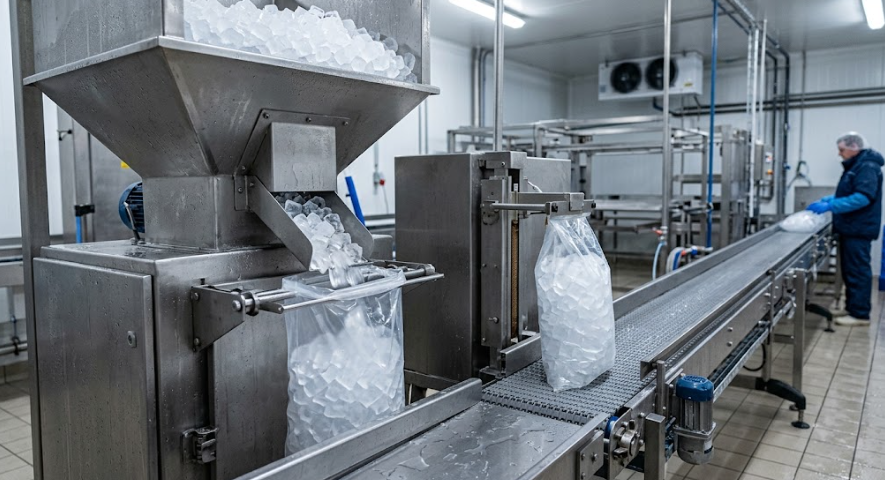 Ensachage automatique des glaçons avec dosage, remplissage et fermeture du sac