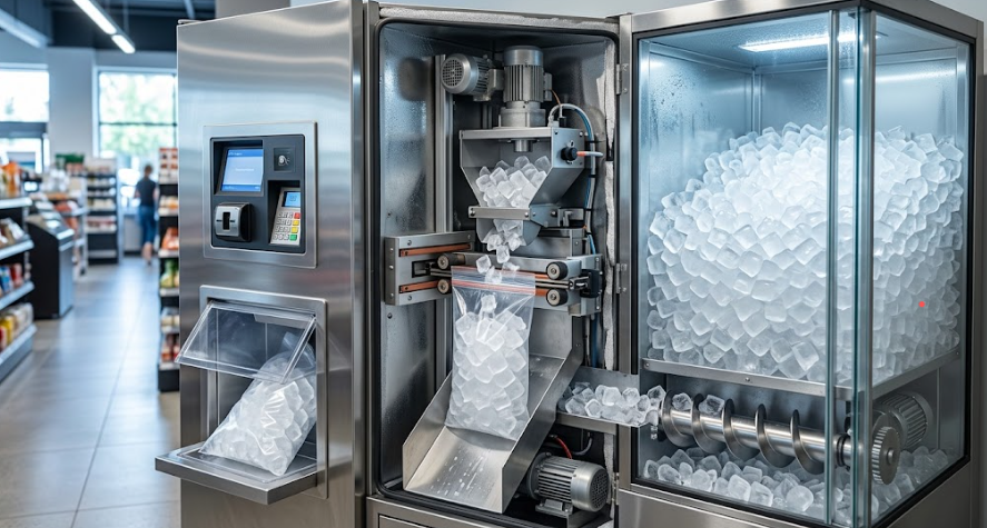 Fonctionnement d’un distributeur automatique de glaçons avec convoyage, dosage et ensachage