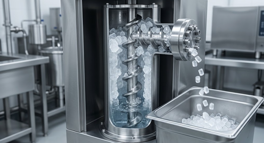 fabrication des glaçons nuggets avec vis sans fin, compression et extrusion de la glace