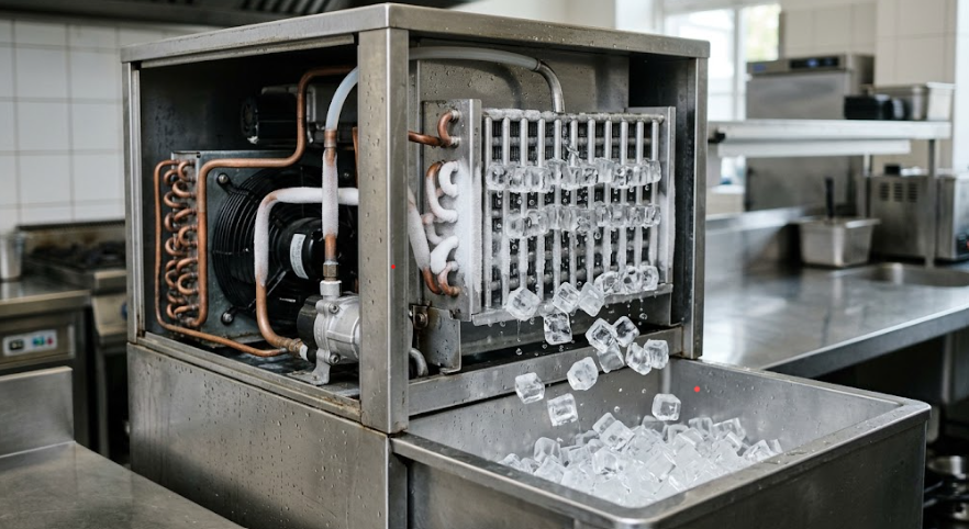 Fonctionnement d’une machine à glaçons professionnelle avec cycle de fabrication