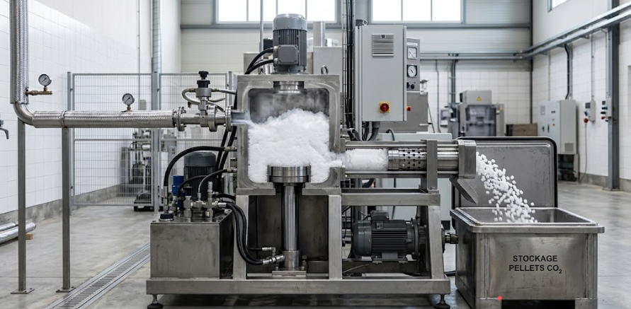 Pelletiseur de glace carbonique transformant le CO₂ liquide en pellets