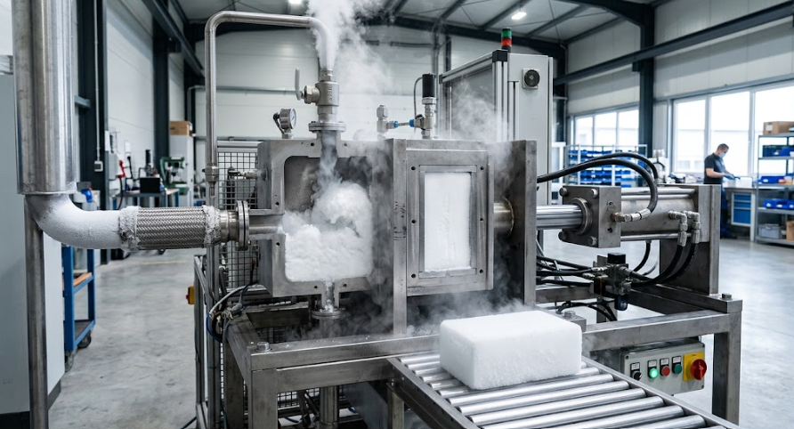 Presse à blocs de glace carbonique transformant le CO₂ liquide en neige carbonique puis en bloc compact